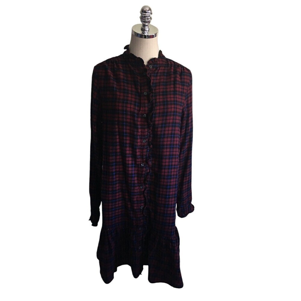 Gap Dress Women's Size Small Tall Red Blue Plaid Button Up Cotton Long Sleeve